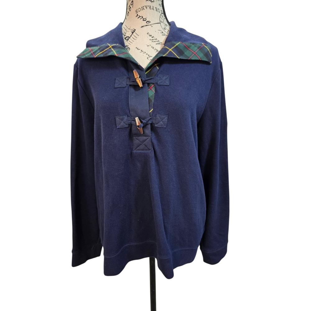 Lauren Ralph Lauren Sweater Women Large Navy Blue Plaid Toggle Crest Pullover L